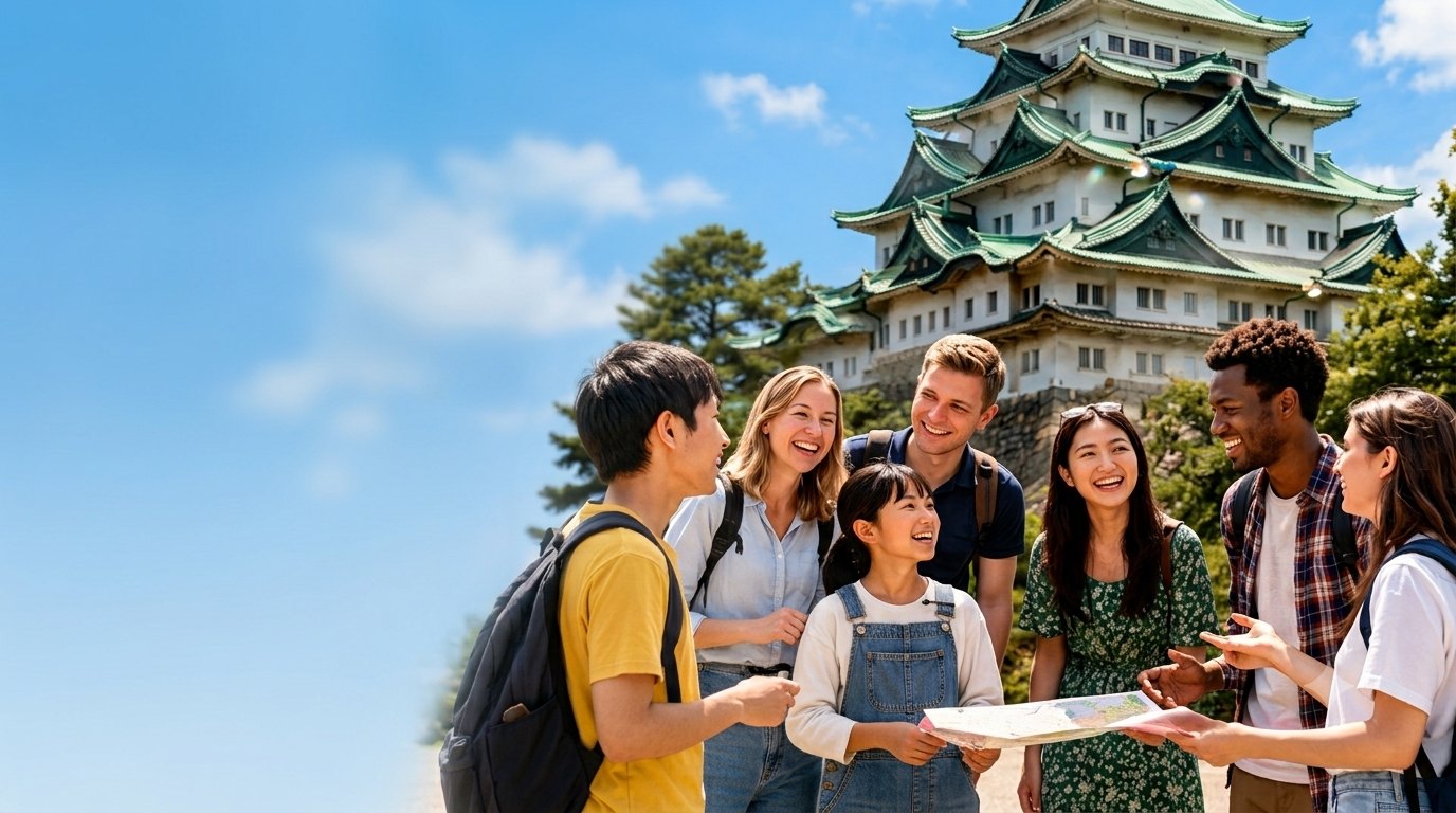 名古屋城の前で、世界の人と話す様子